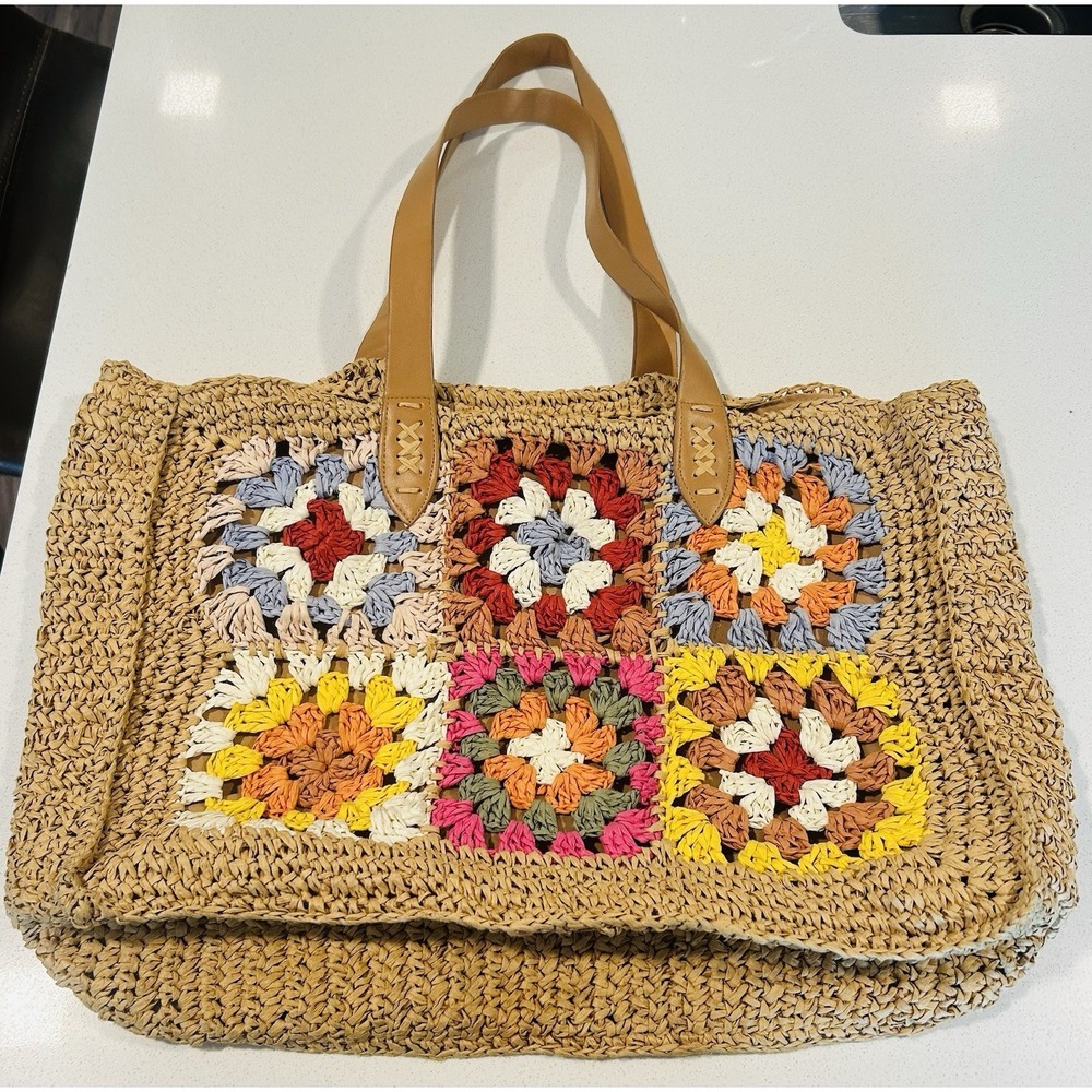 Woven Crochet Multicolor Tote Bag - Tan